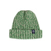 Green and beige patterned beanie with a brand logo on a white background

