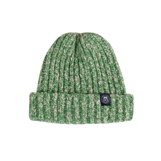 Green and beige patterned beanie with a brand logo on a white background

