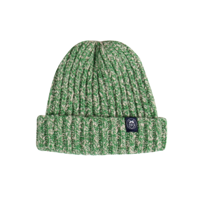 Green and beige patterned beanie with a brand logo on a white background

