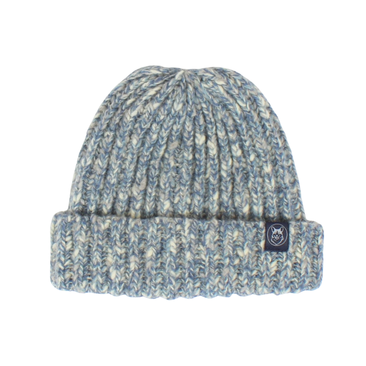 A marled knit beanie hat in shades of light blue and cream, featuring a folded cuff and a small black brand patch on the side.