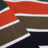 Close-up of a striped fabric with red, green, brown, and navy colors.