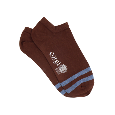 Brown ankle sock with blue stripes and 'Corgi' branding on a white background