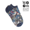 Decorative sock with floral and bird pattern on a white background, featuring the William Morris Gallery logo.