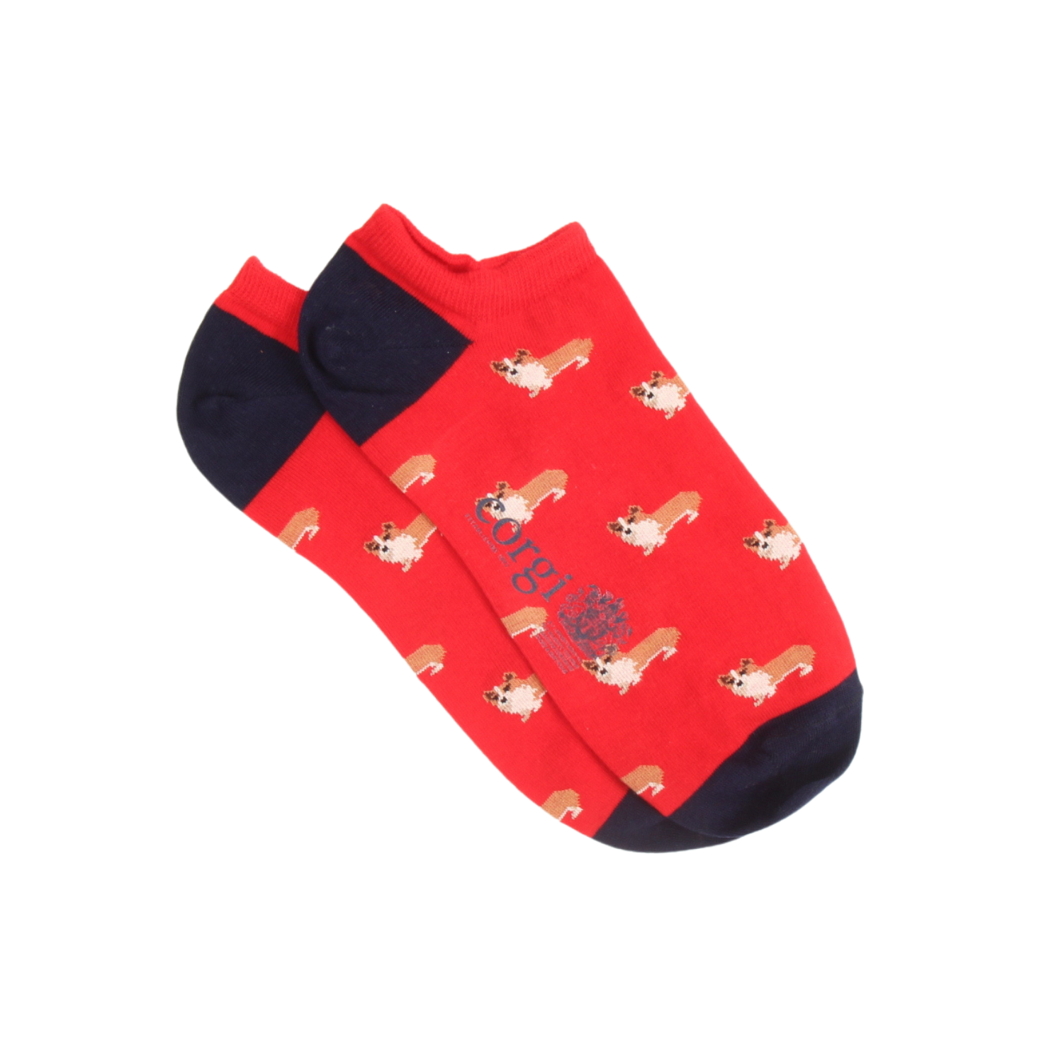 Red socks with dog pattern and navy toes on a white background