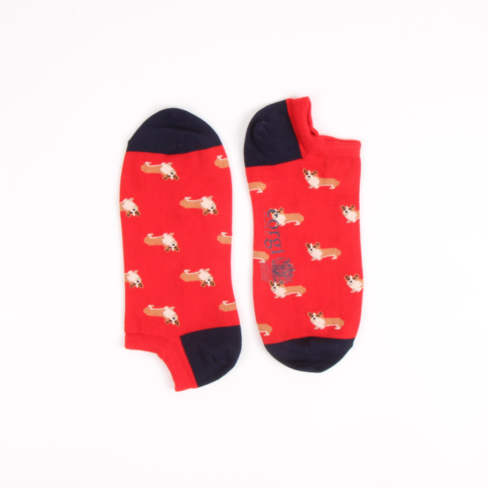 Red socks with dog pattern on a white background