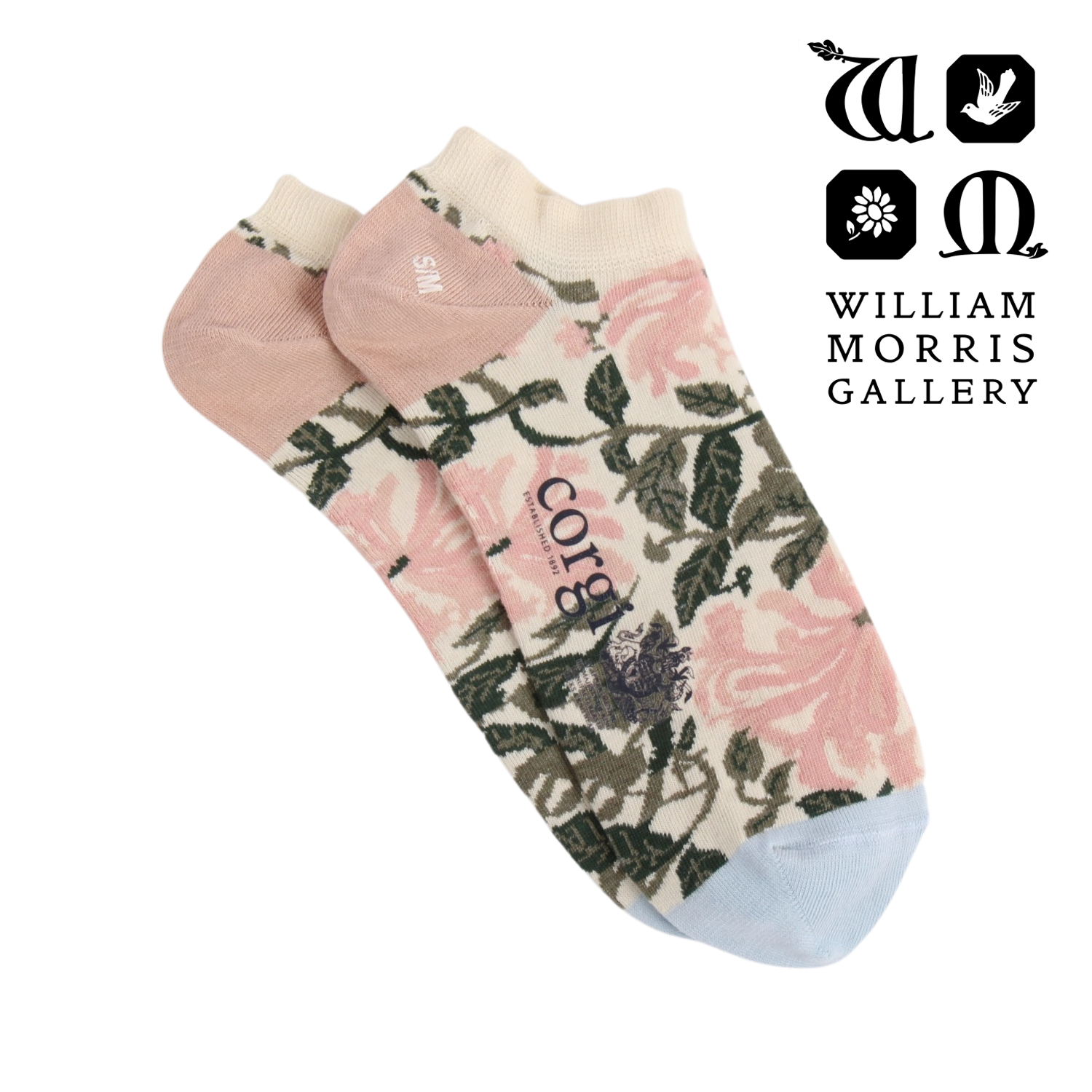 Floral patterned sock with 'Corgi' branding on a white background, featuring the William Morris Gallery logo.
