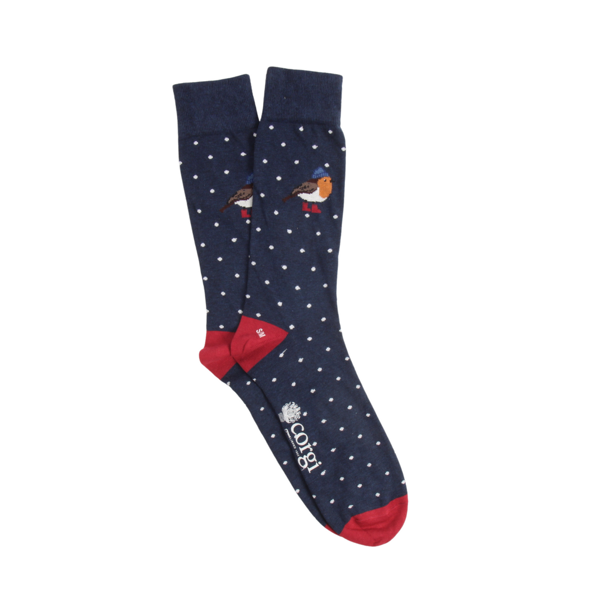 A pair of navy blue crew socks with white polka dots, featuring embroidered robin birds wearing red hats, red heels, and red toes. 