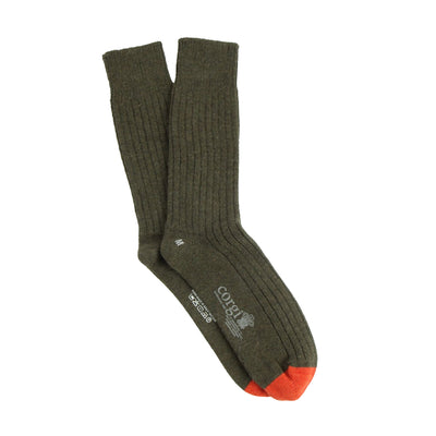 Pair of green socks with orange toes on a white background