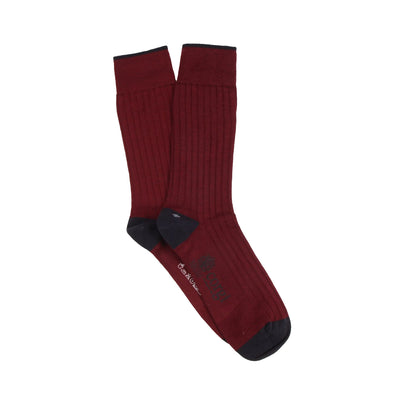 Red sock with black accents on a white background

