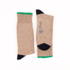 Pair of beige socks with navy and green accents on a white background