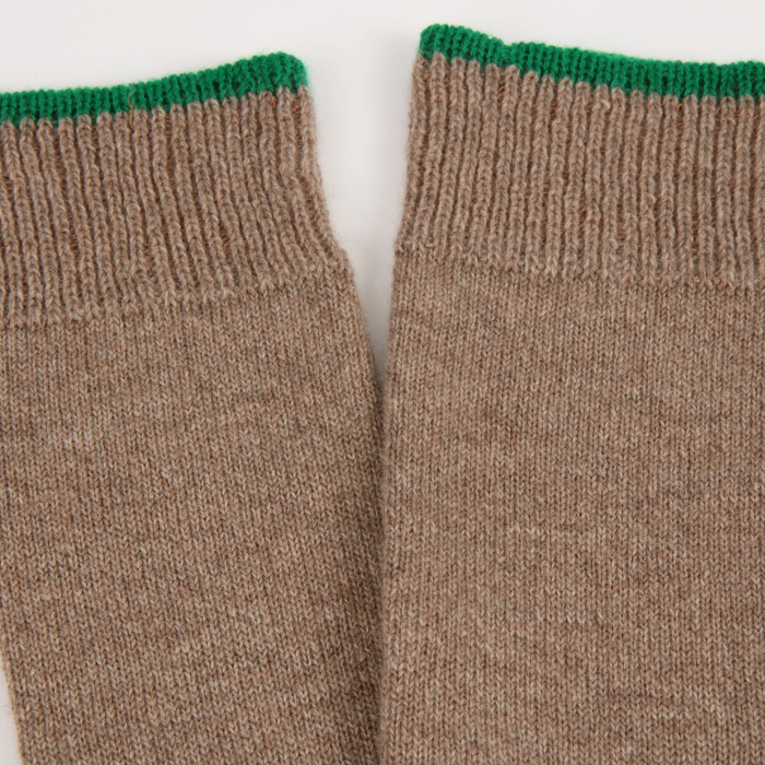 Close-up of beige socks with green cuffs on a white background