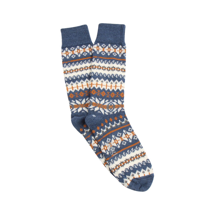 fairisle sock knitted in a denim main with cream and gold fairisle patterning
