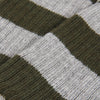 Close-up of a textured fabric with green, grey, and white stripes.