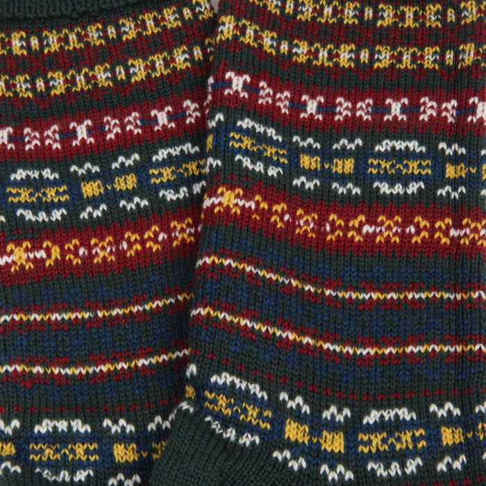 Close-up of a knitted fabric with a colorful pattern