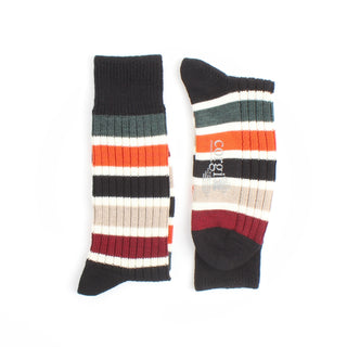 Pair of striped socks with visible brand logo on a white background