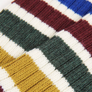 Close-up of a knitted fabric with multicolor stripes.