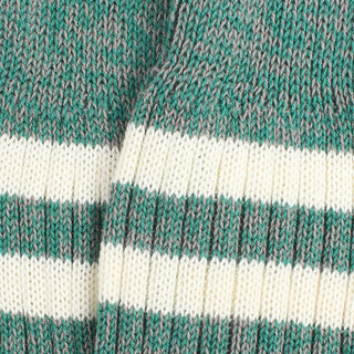 Close-up of a knitted sock made in a green and grey twist with two white stripes.