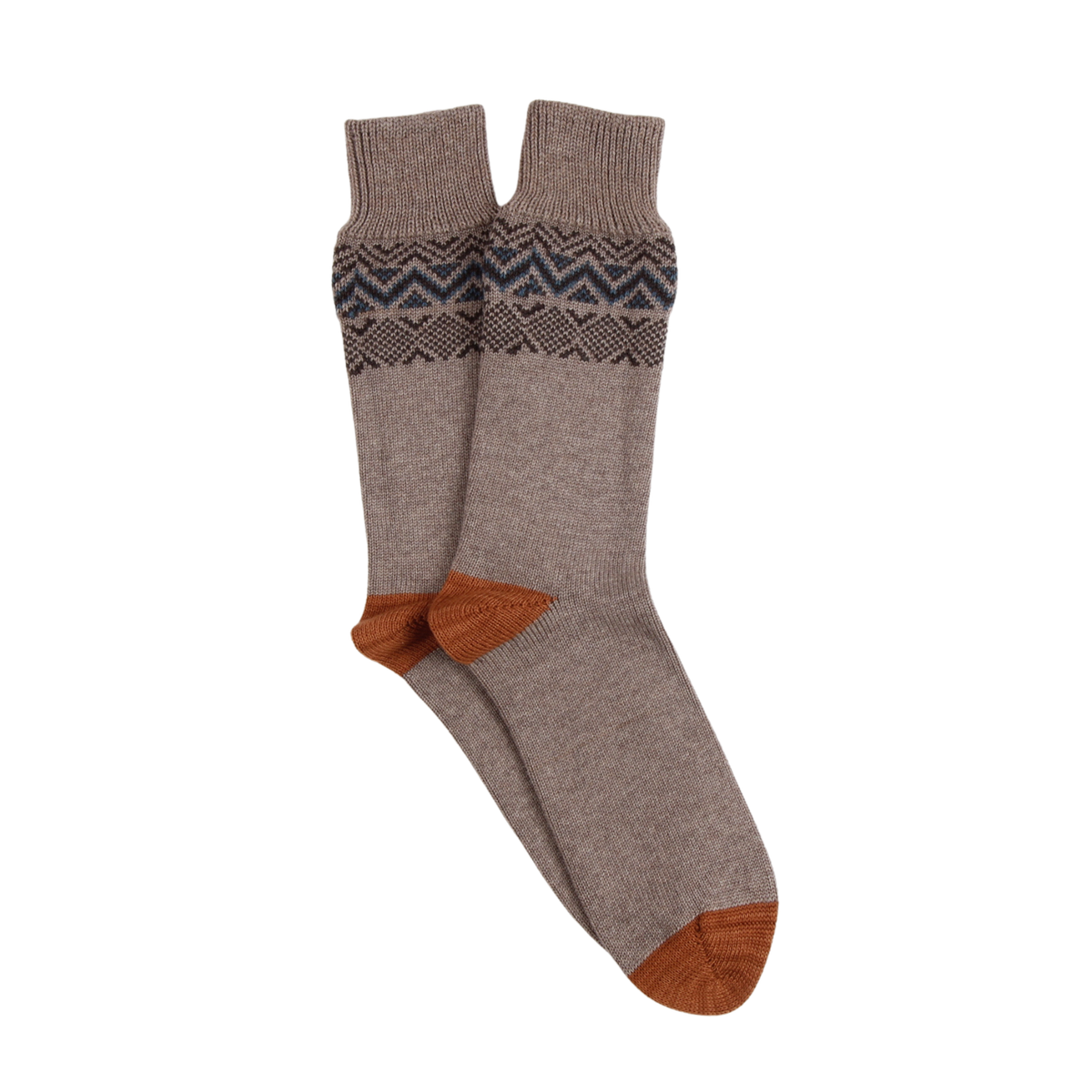 Pair of brown socks with a patterned cuff on a white background