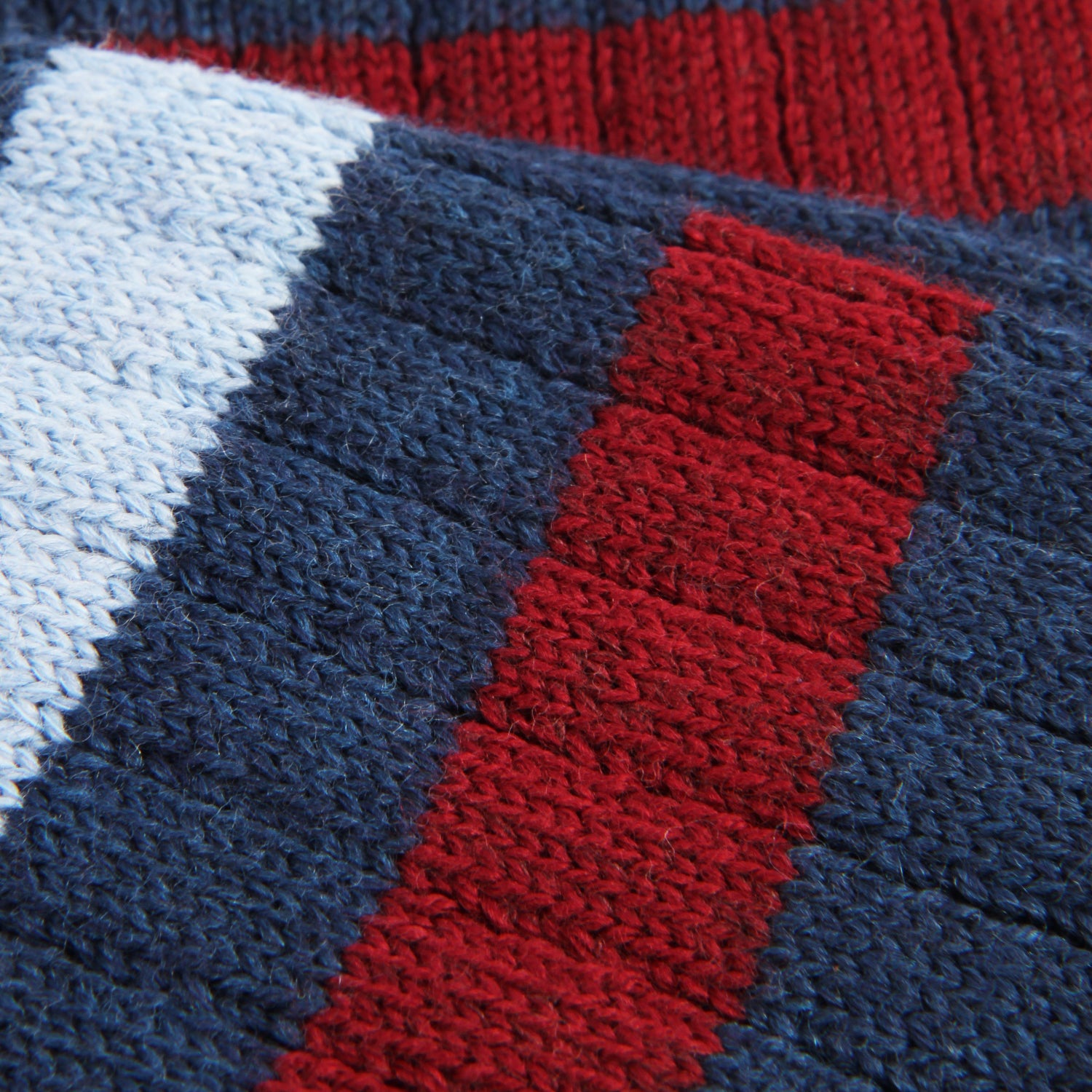 Close-up of socks with red, blue, and white stripes.