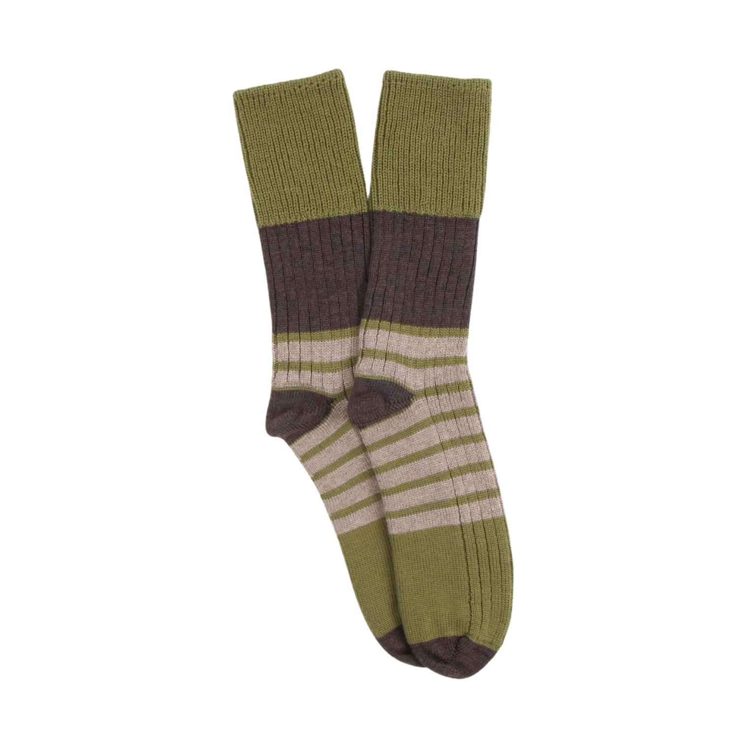 Pair of green and brown striped socks on a white background