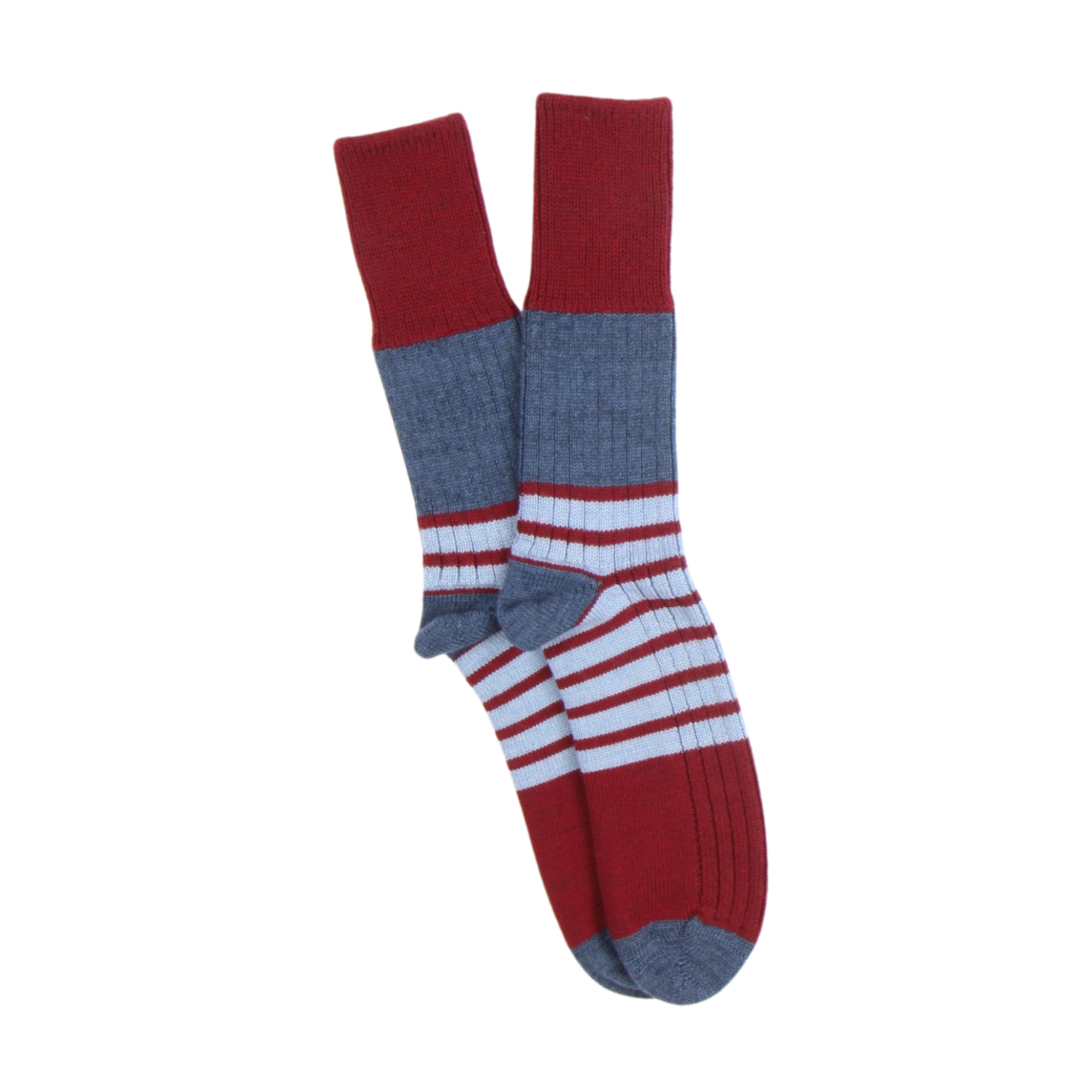 Red, blue, and white striped socks on a white background