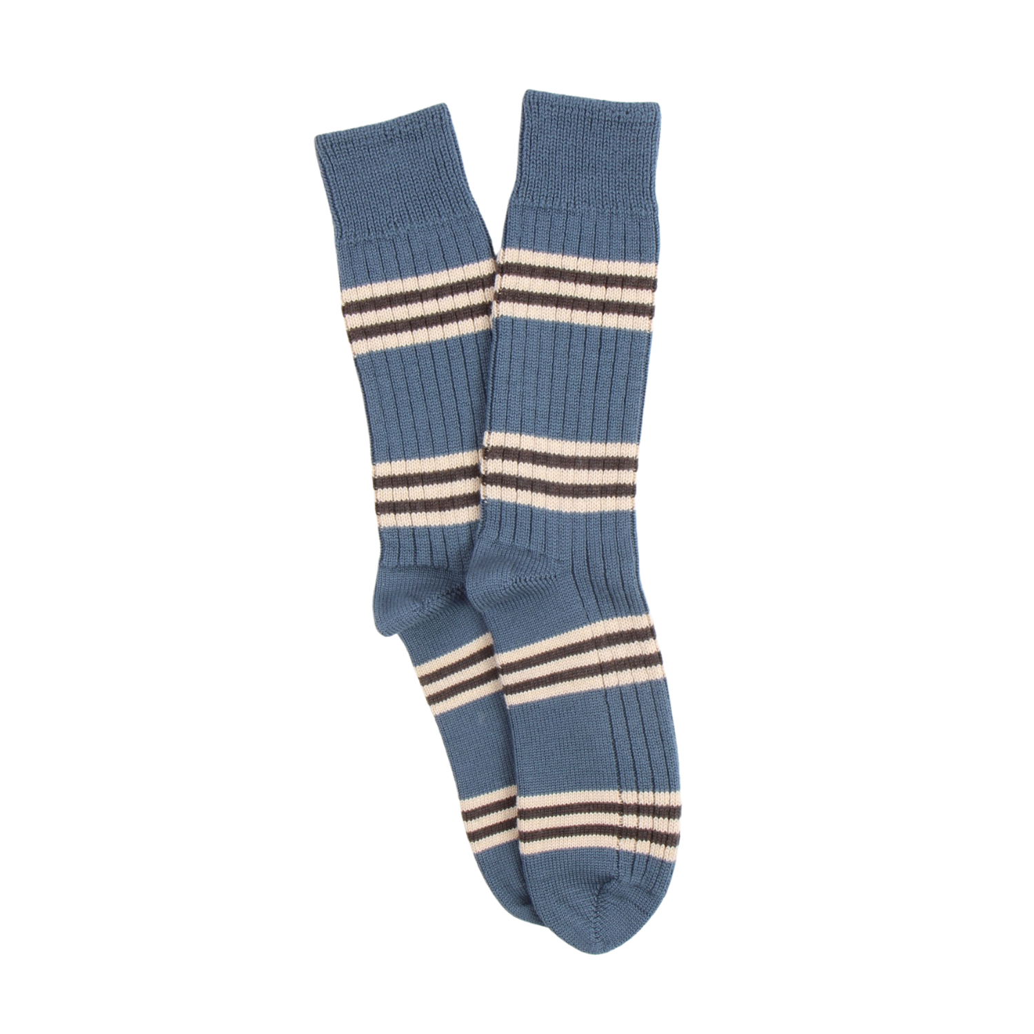 Pair of blue socks with cream and brown stripes on a white background