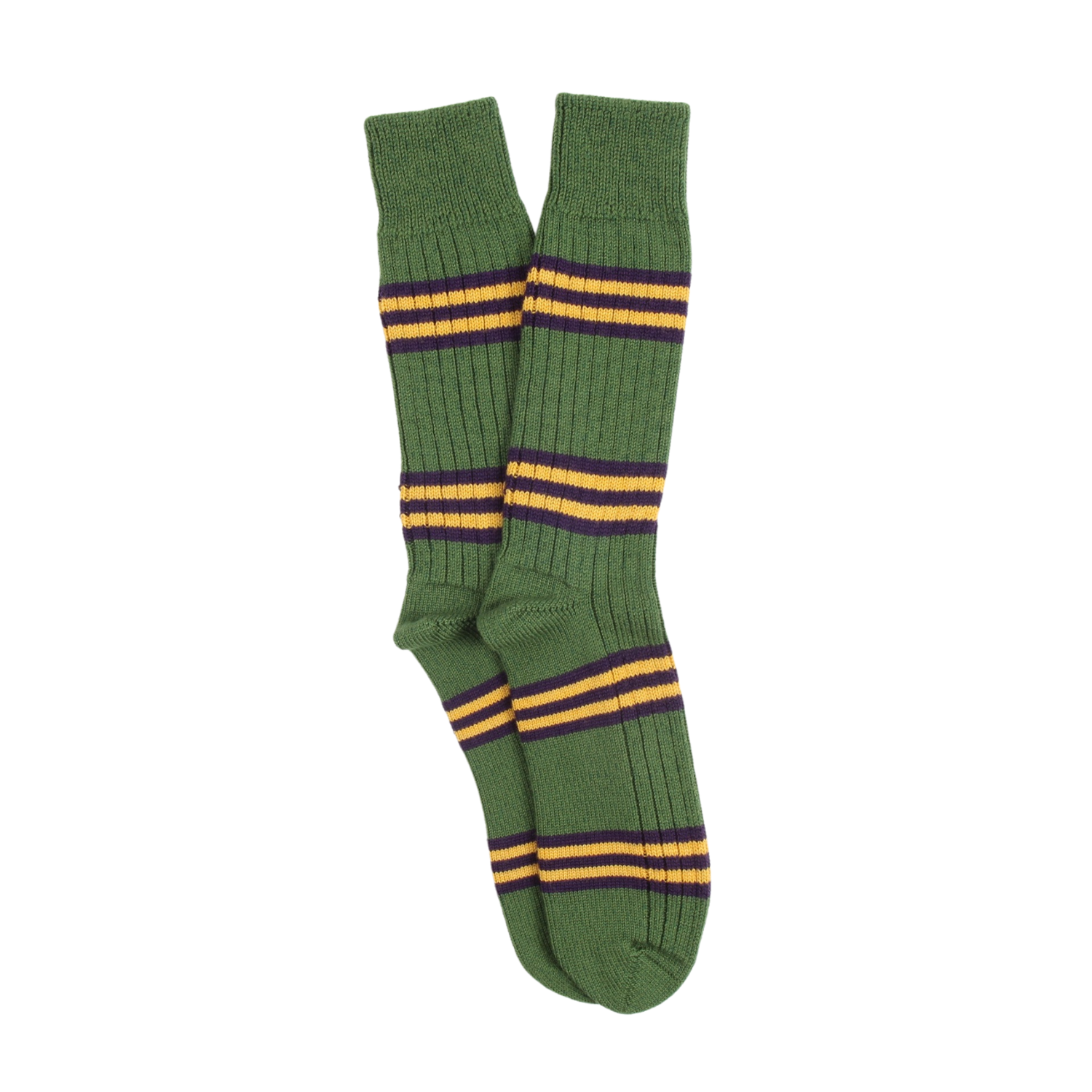 Green socks with yellow and navy stripes on a white background