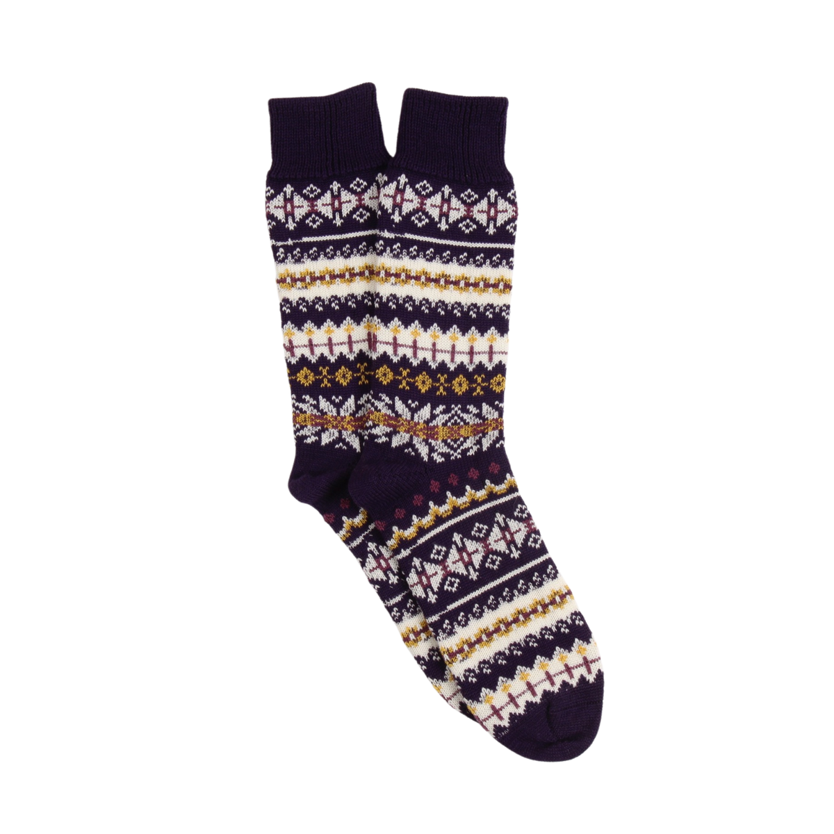 Purple sock with a colorful pattern on a white background
