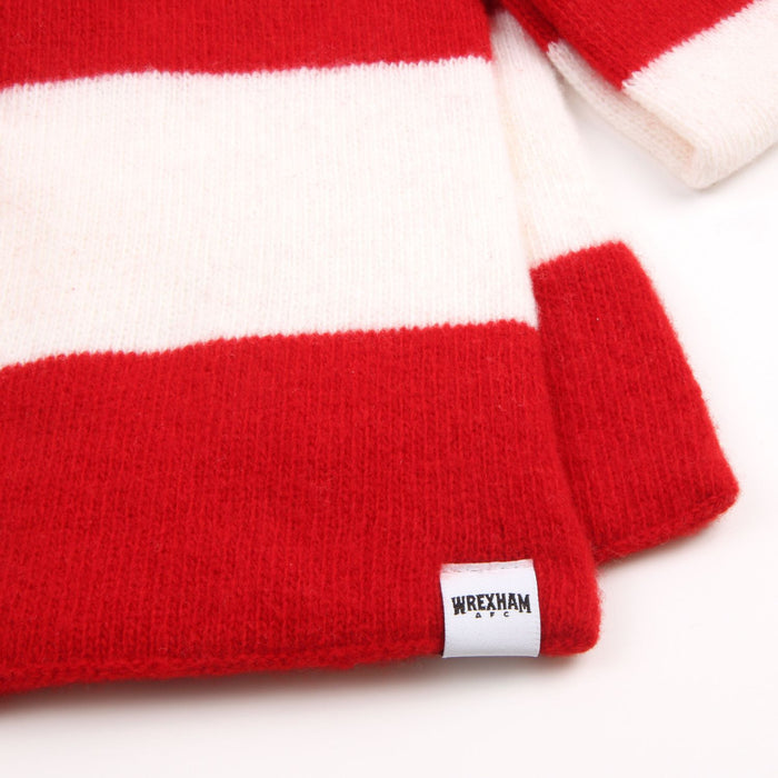 Red and white striped fabric with a 'Wrexham' label on a white background