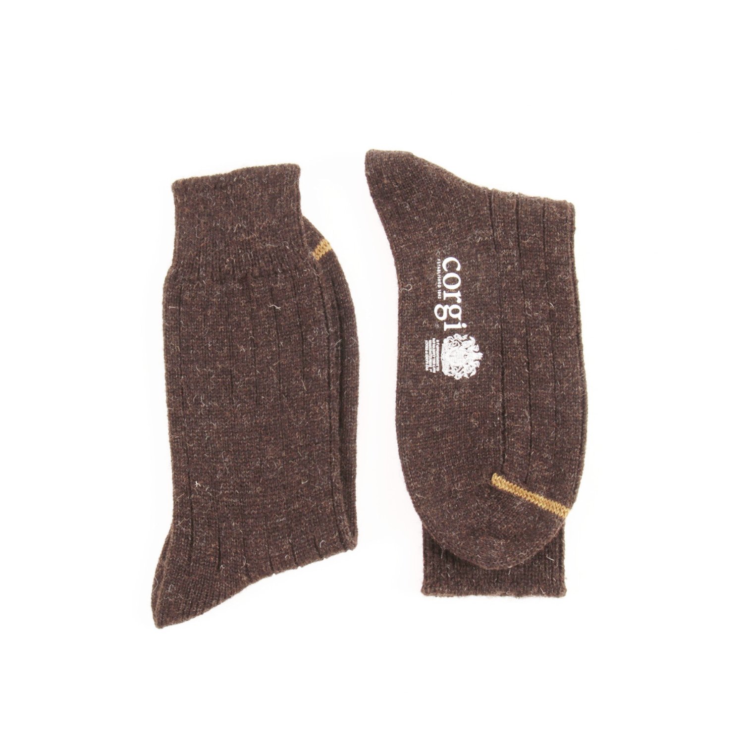A pair of dark brown ribbed wool socks shown flat against a white background, with one sock displaying a white 'cornet' logo and a thin gold stripe near the toe.
