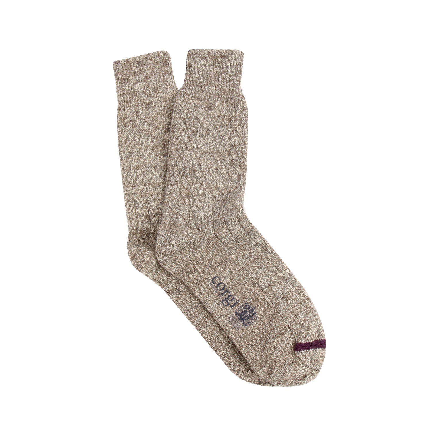 Pair of beige socks with a brand logo on a white background