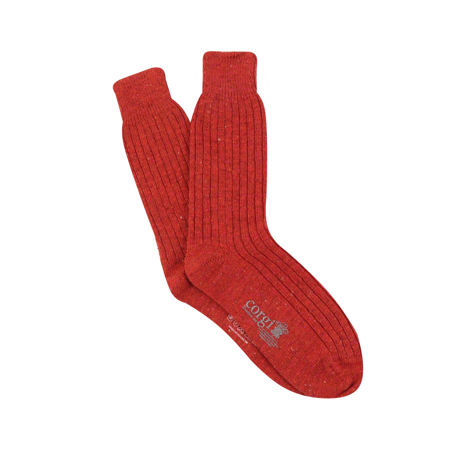 Red socks with a visible brand logo on a white background