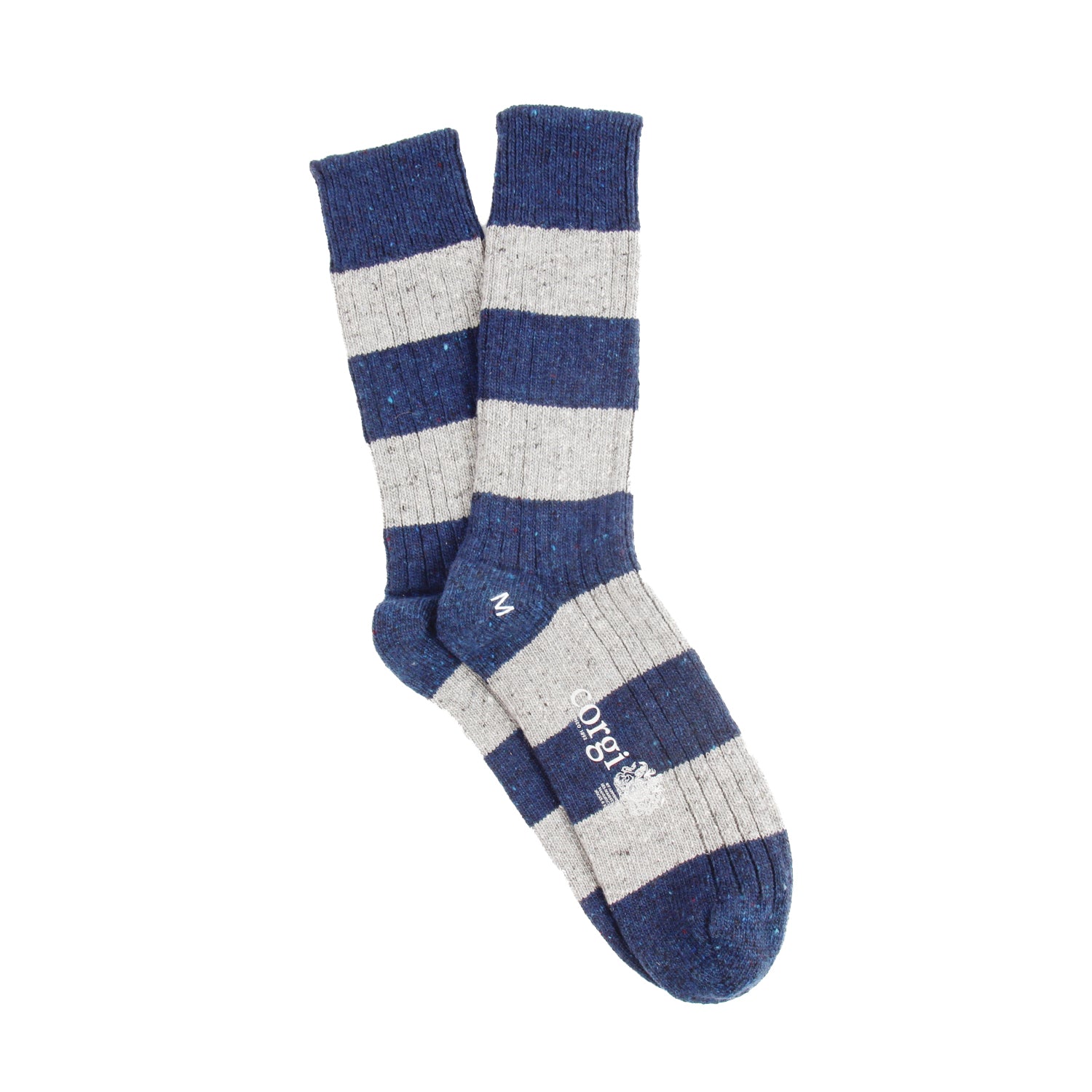 A pair of crew socks with horizontal navy blue and heather gray stripes, featuring the brand name 'Coogi' printed on the toe area, set against a plain white background.