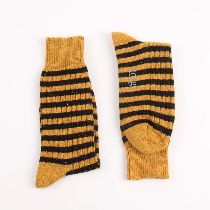 Pair of mustard and black striped socks on a white background