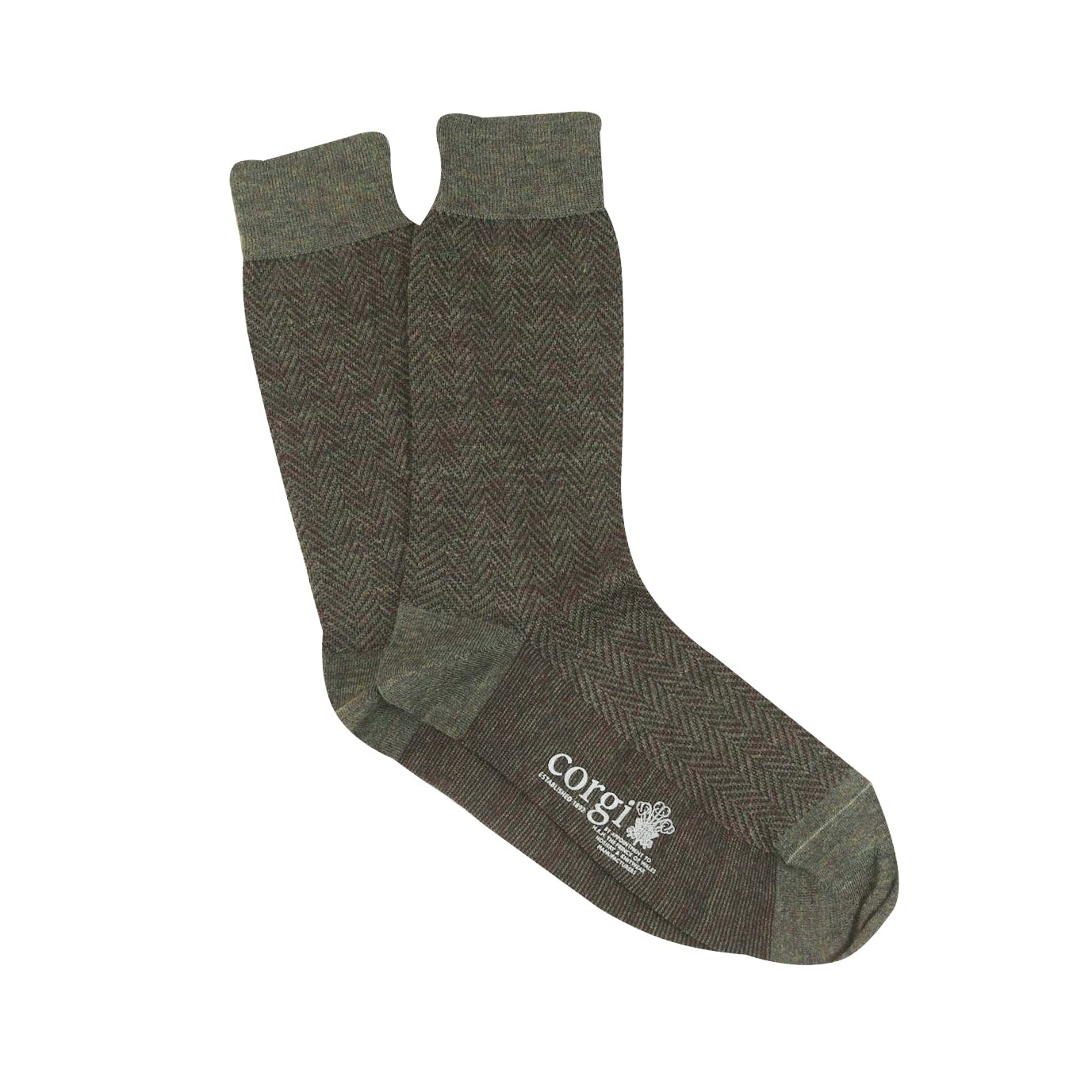 Pair of green socks with a visible brand logo on a white background