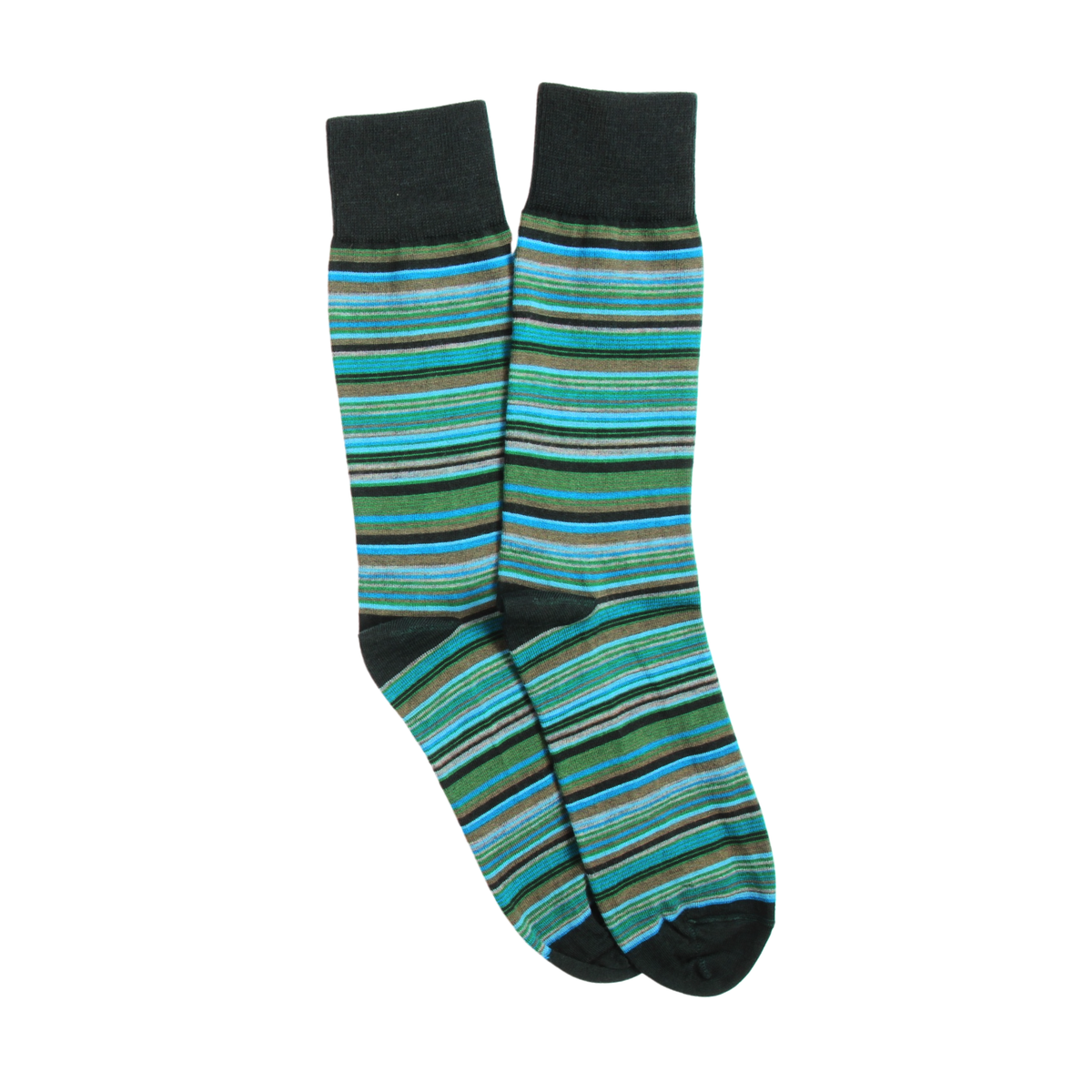 A pair of crew socks with a multicolor horizontal stripe pattern in shades of blue, green, and black, featuring solid black cuffs, heels, and toes, displayed against a plain white background.