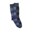 Pair of checkered socks with blue and gray pattern on a white background
