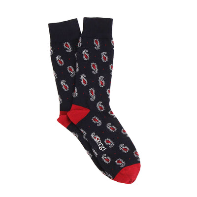 Navy sock with red accents and paisley pattern on a white background