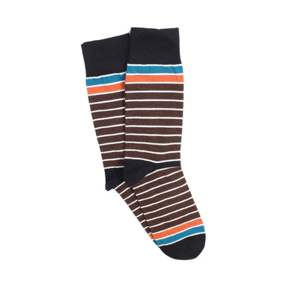 Striped socks with brown, blue, and orange pattern on a white background