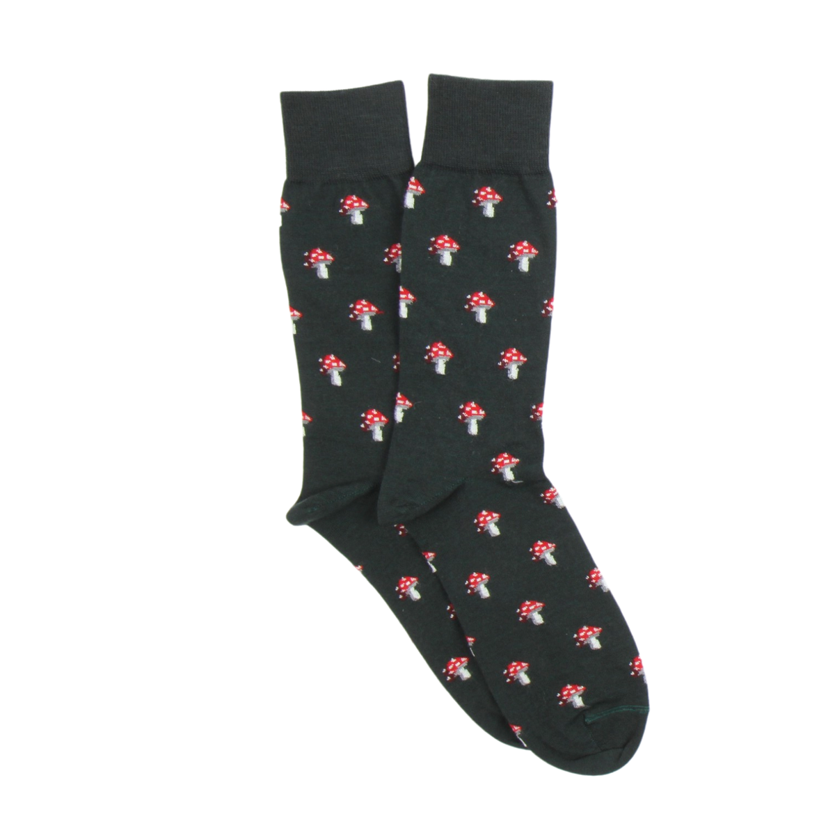 Green socks with red mushroom pattern on a white background