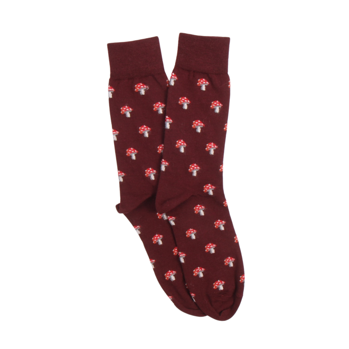 Maroon socks with red mushroom pattern on a white background