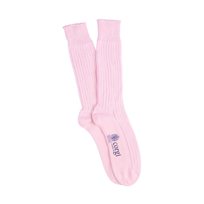 Pink sock with a brand logo on a white background