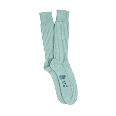Pair of light green socks with a logo on a white background
