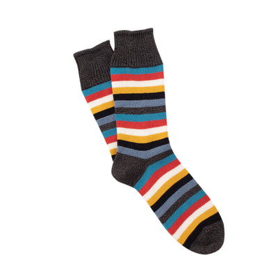 Colourful striped socks in pure cotton on a  Charcoal base, photographed on a white background