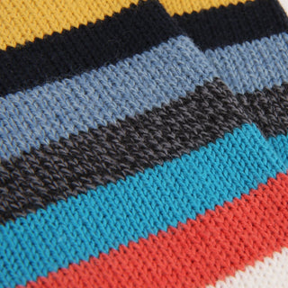 Close-up of a knitted sock with multicolour stripes.