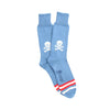 Pair of blue socks with skull and crossbones design on a white background