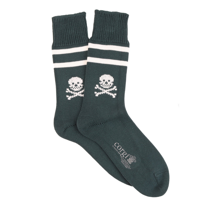 Dark green socks with skull and crossbones design on a white background