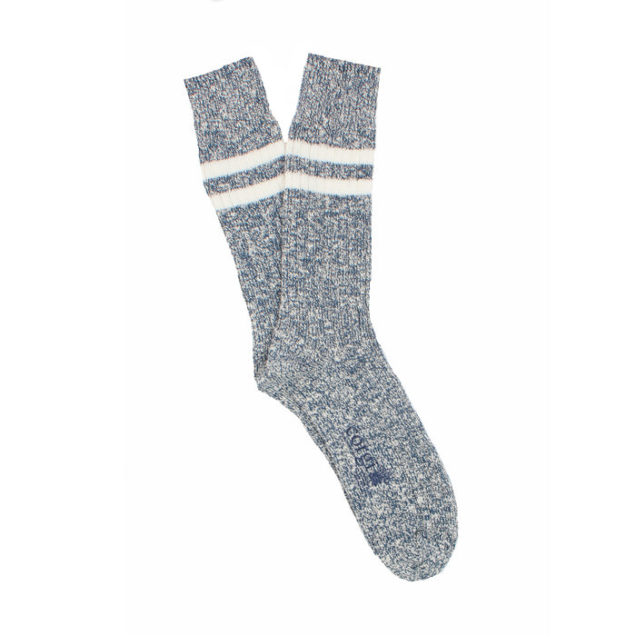 A pair of striped men's boot socks in blue marl.