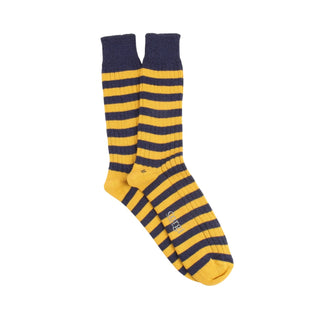 a pair of mens yellow and blue striped socks 