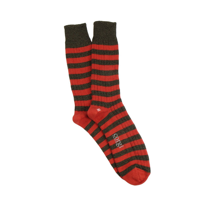Loden and rust striped sock on a white background